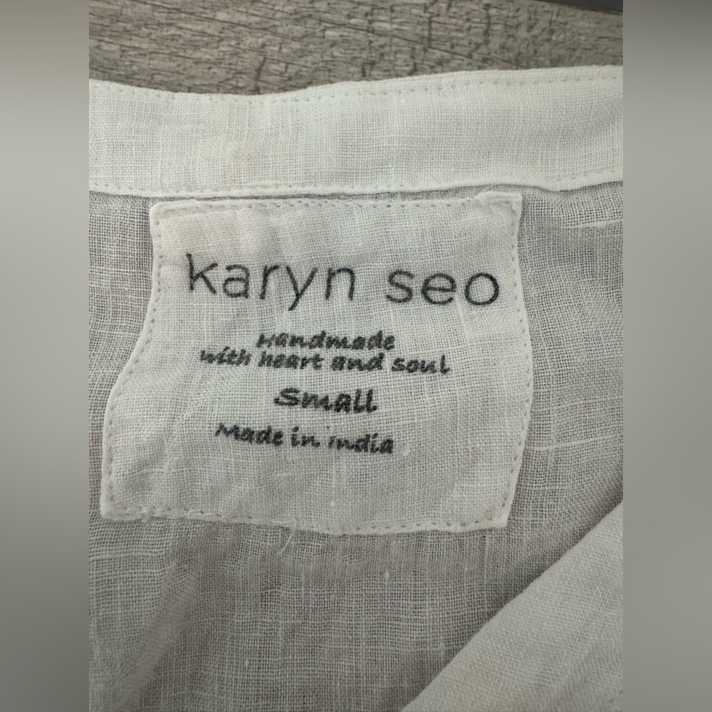 Karyn Seo Roxy Tonal Floral Embroidered V-Neck Linen Elbow Sleeve Boxy Top Small - Picture 10 of 11